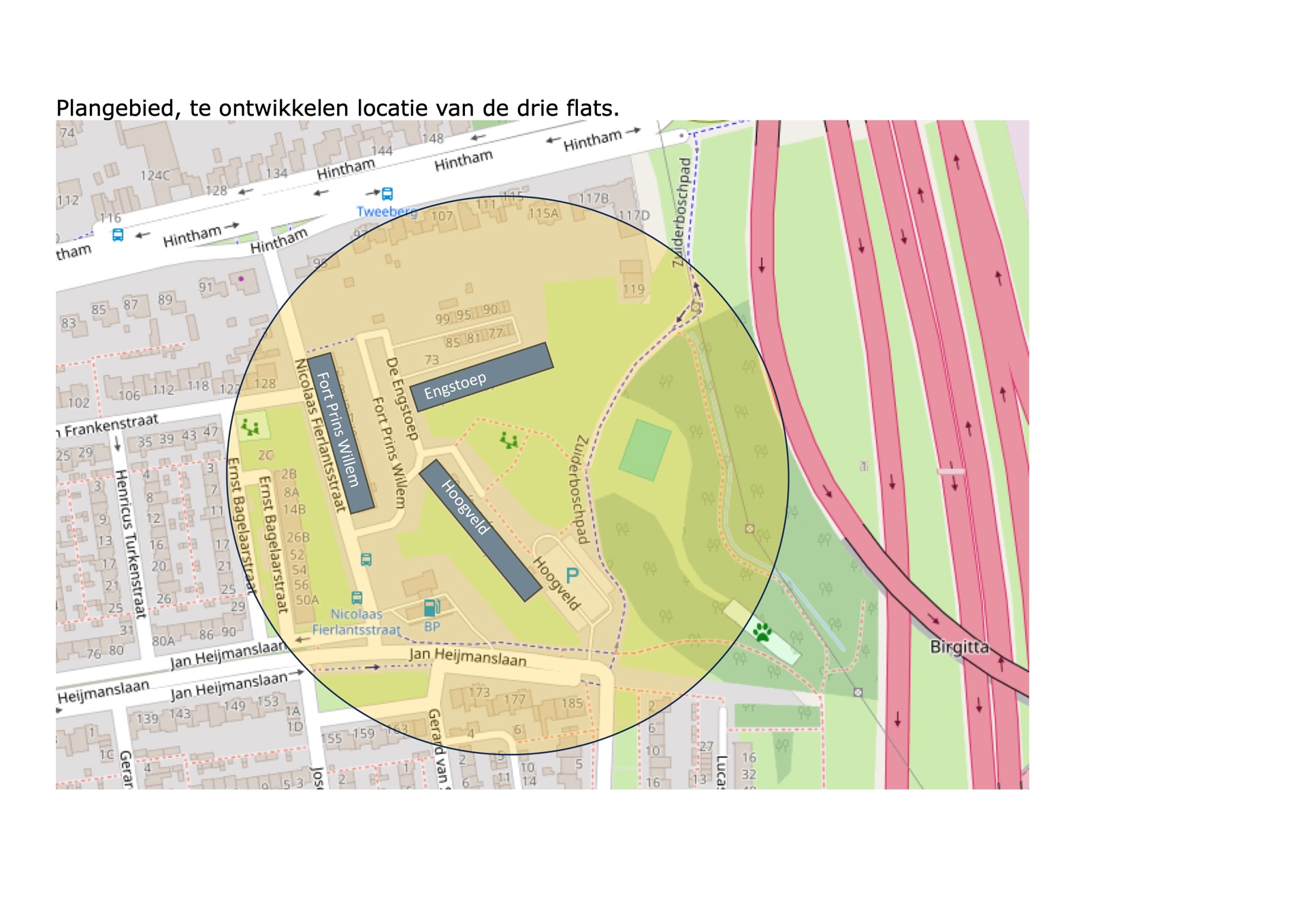Plangebied, te ontwikkelen locaties van de drie flats